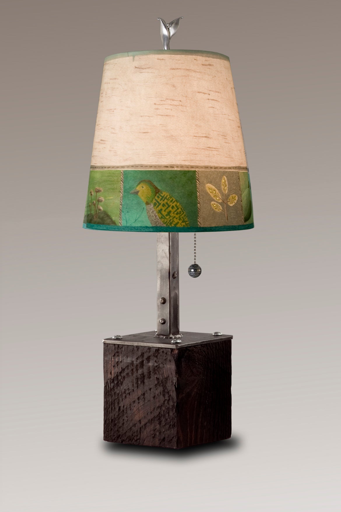 Janna Ugone &amp; Co Table Lamps Steel Table Lamp on Reclaimed Wood with Small Drum Shade in Woodland Trails in Birch