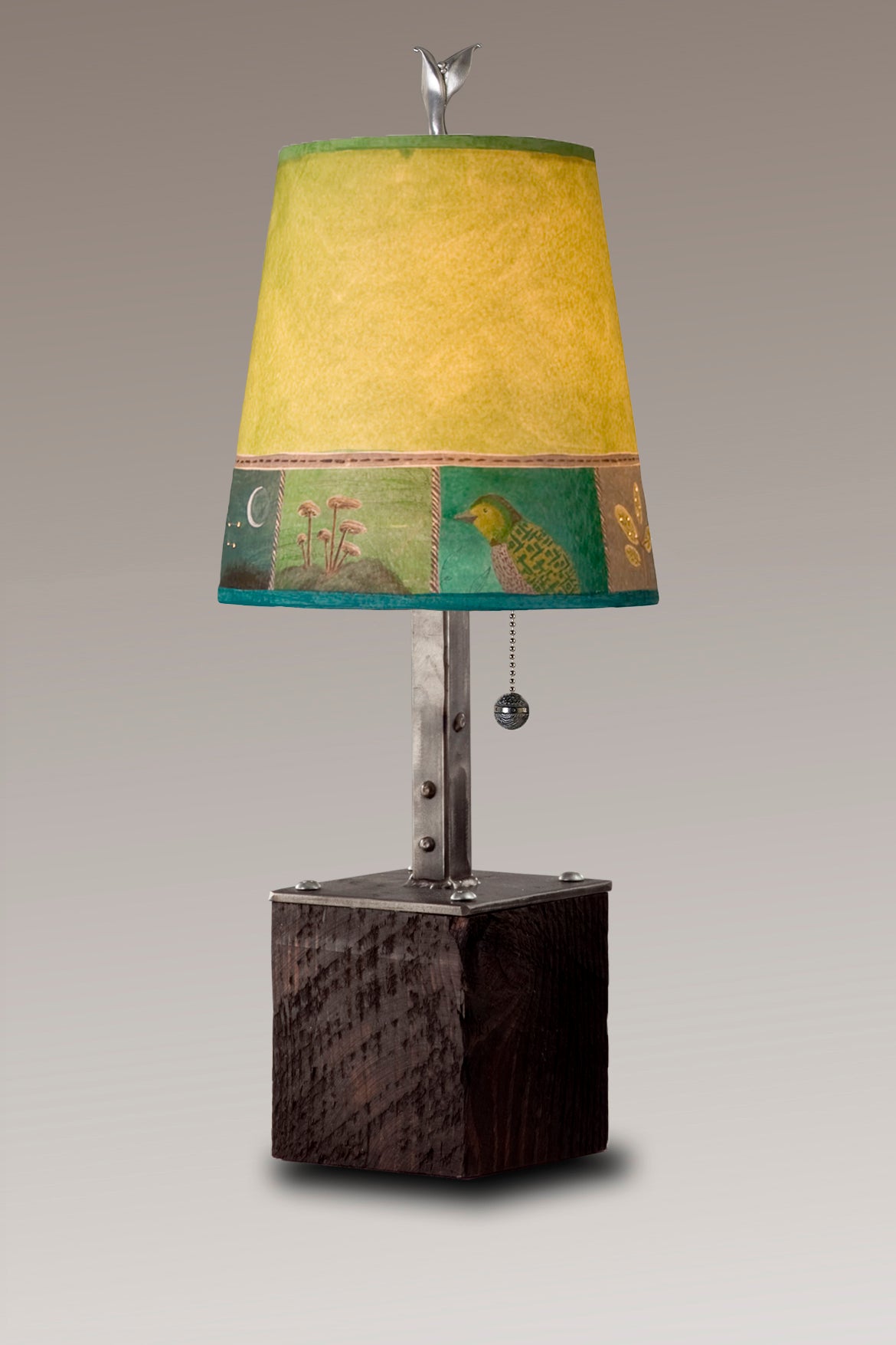 Janna Ugone &amp; Co Table Lamps Steel Table Lamp on Reclaimed Wood with Small Drum Shade in Woodland Trails in Leaf