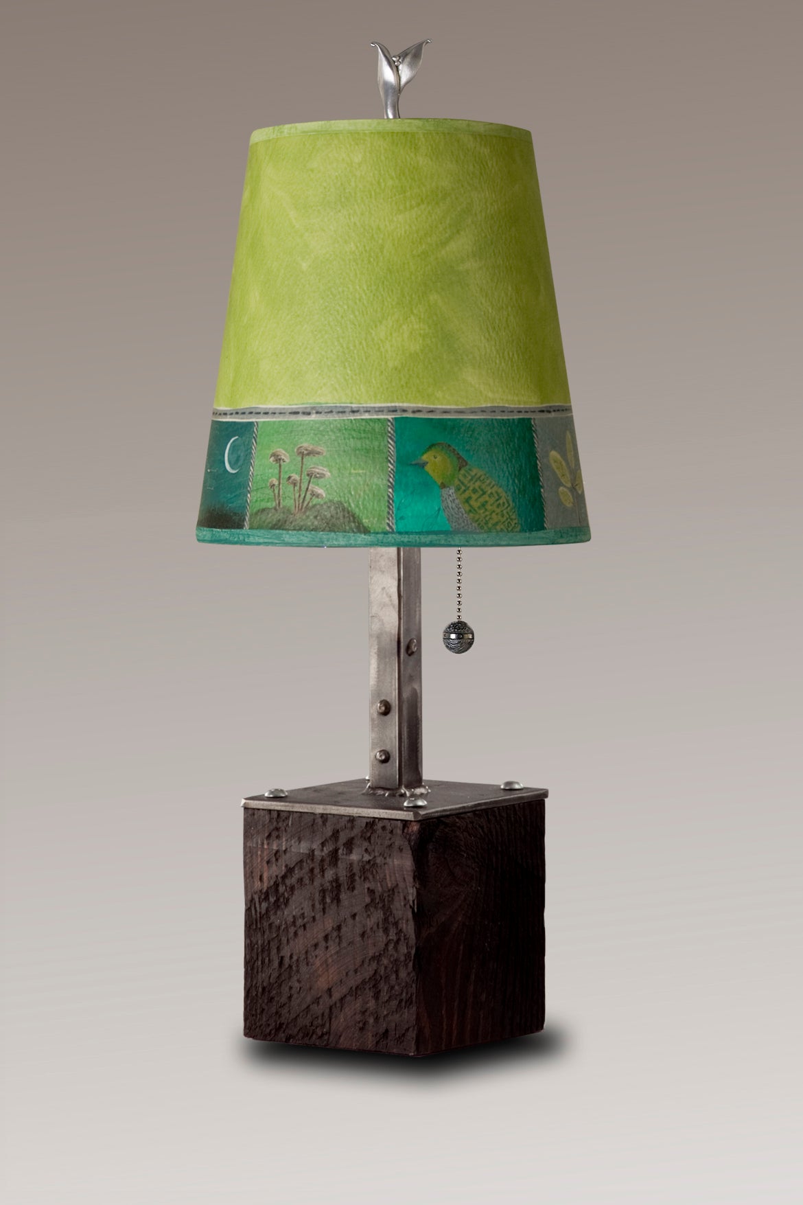 Janna Ugone &amp; Co Table Lamps Steel Table Lamp on Reclaimed Wood with Small Drum Shade in Woodland Trails in Leaf