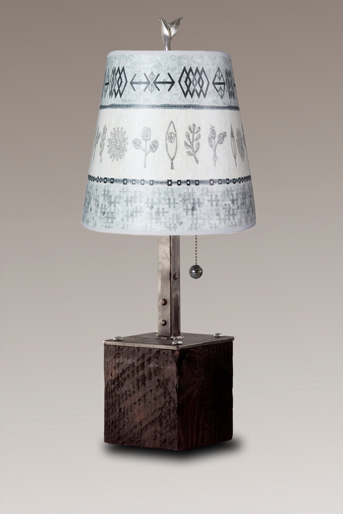Janna Ugone & Co Table Lamps Steel Table Lamp on Reclaimed Wood with Small Drum Shade in Woven & Sprig in Mist
