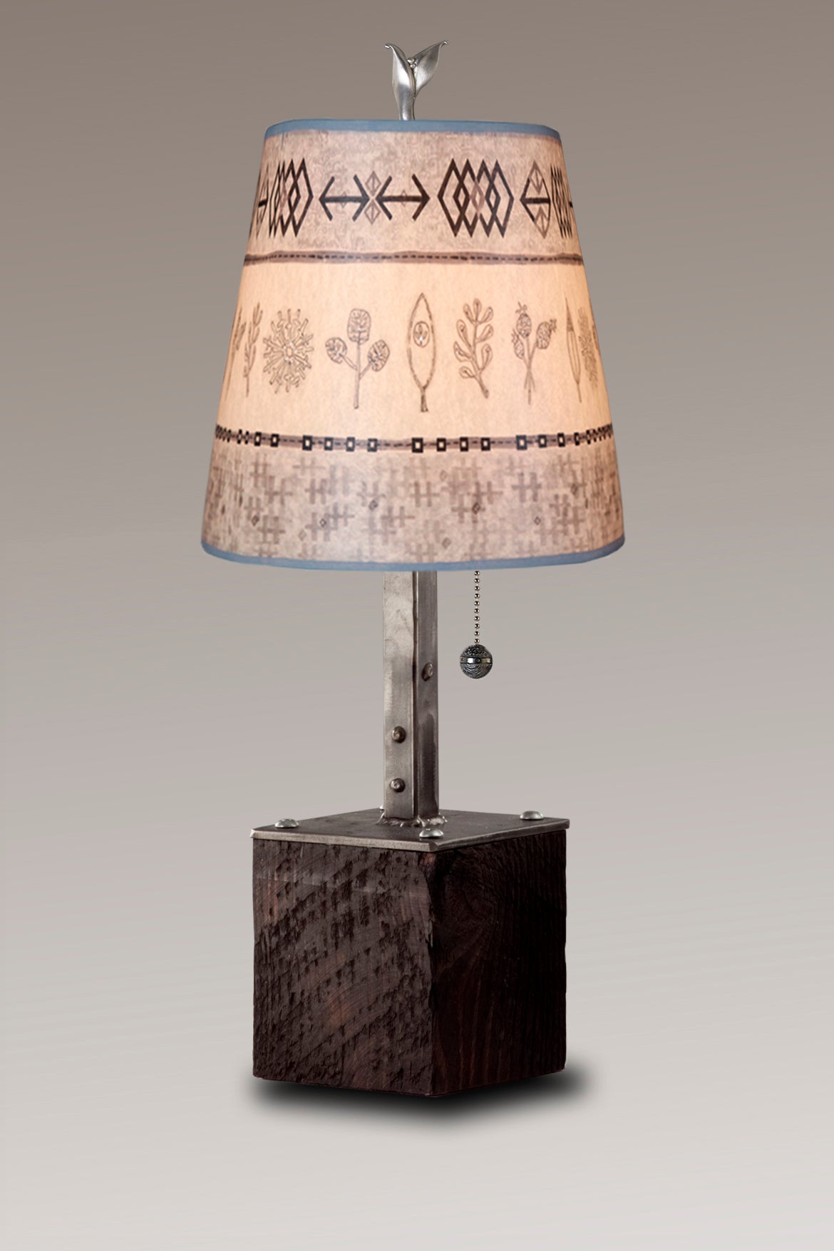 Janna Ugone &amp; Co Table Lamps Steel Table Lamp on Reclaimed Wood with Small Drum Shade in Woven &amp; Sprig in Mist