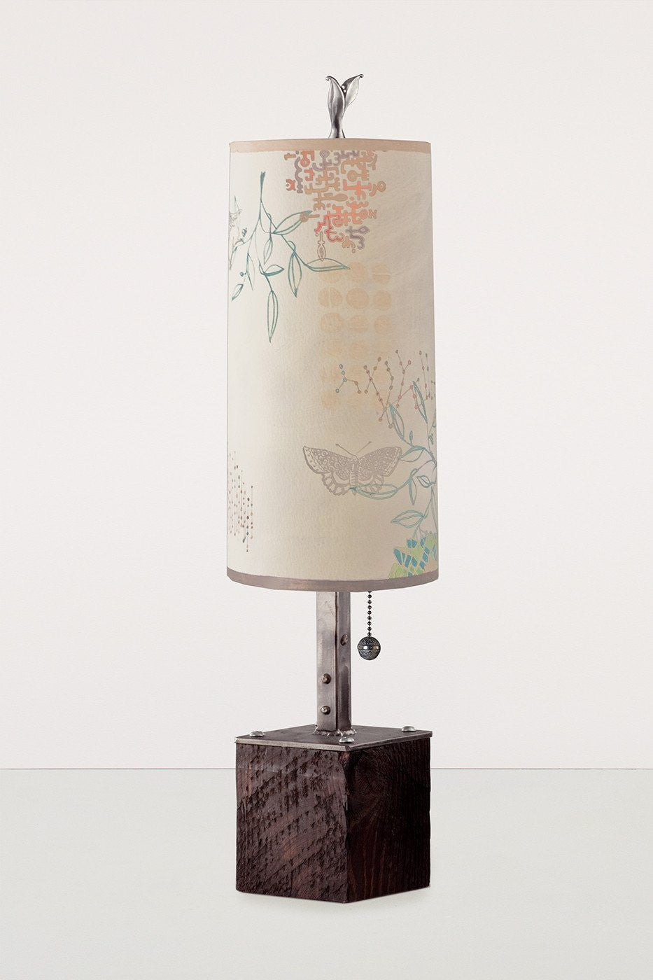 Steel Table Lamp on Reclaimed Wood with Small Tube Shade in Ecru Journey