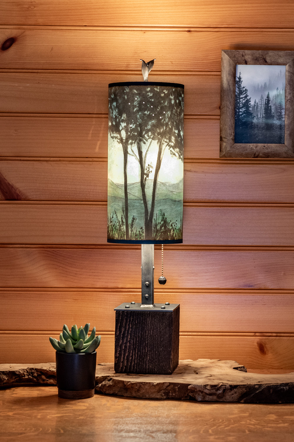 Janna Ugone &amp; Co Table Lamp Steel Table Lamp on Reclaimed Wood with Small Tube Shade in Twilight