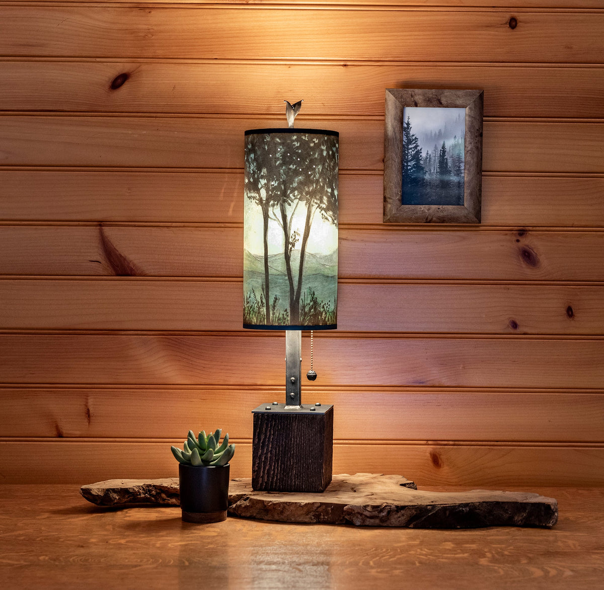 Steel Table Lamp on Reclaimed Wood with Small Tube Shade in Twilight