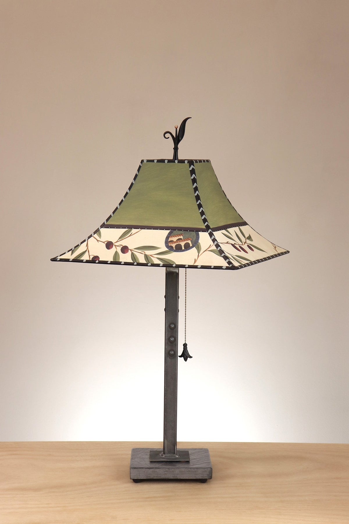 Janna Ugone &amp; Co Table Lamp Steel Table Lamp on Stone with Medium Pagoda Shade in Olive Coin in Sage