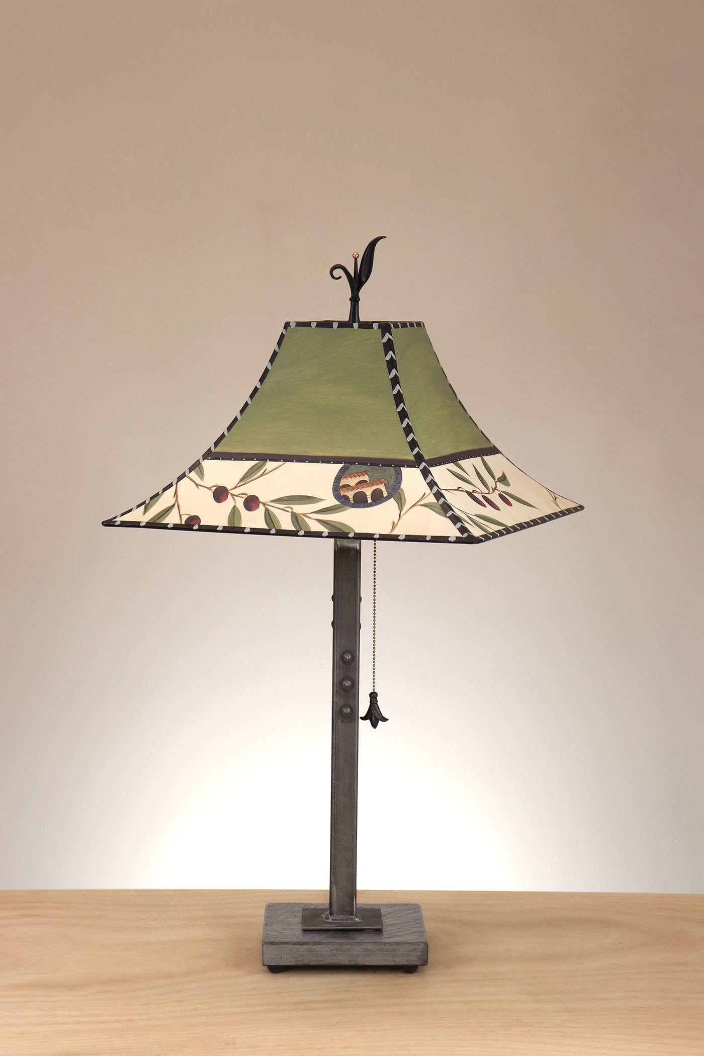 Janna Ugone & Co Table Lamp Steel Table Lamp on Stone with Medium Pagoda Shade in Olive Coin in Sage