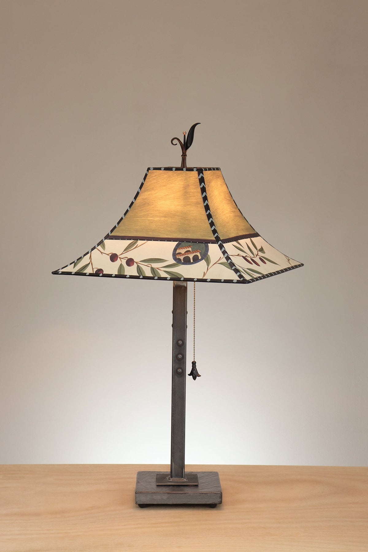Janna Ugone &amp; Co Table Lamp Steel Table Lamp on Stone with Medium Pagoda Shade in Olive Coin in Sage