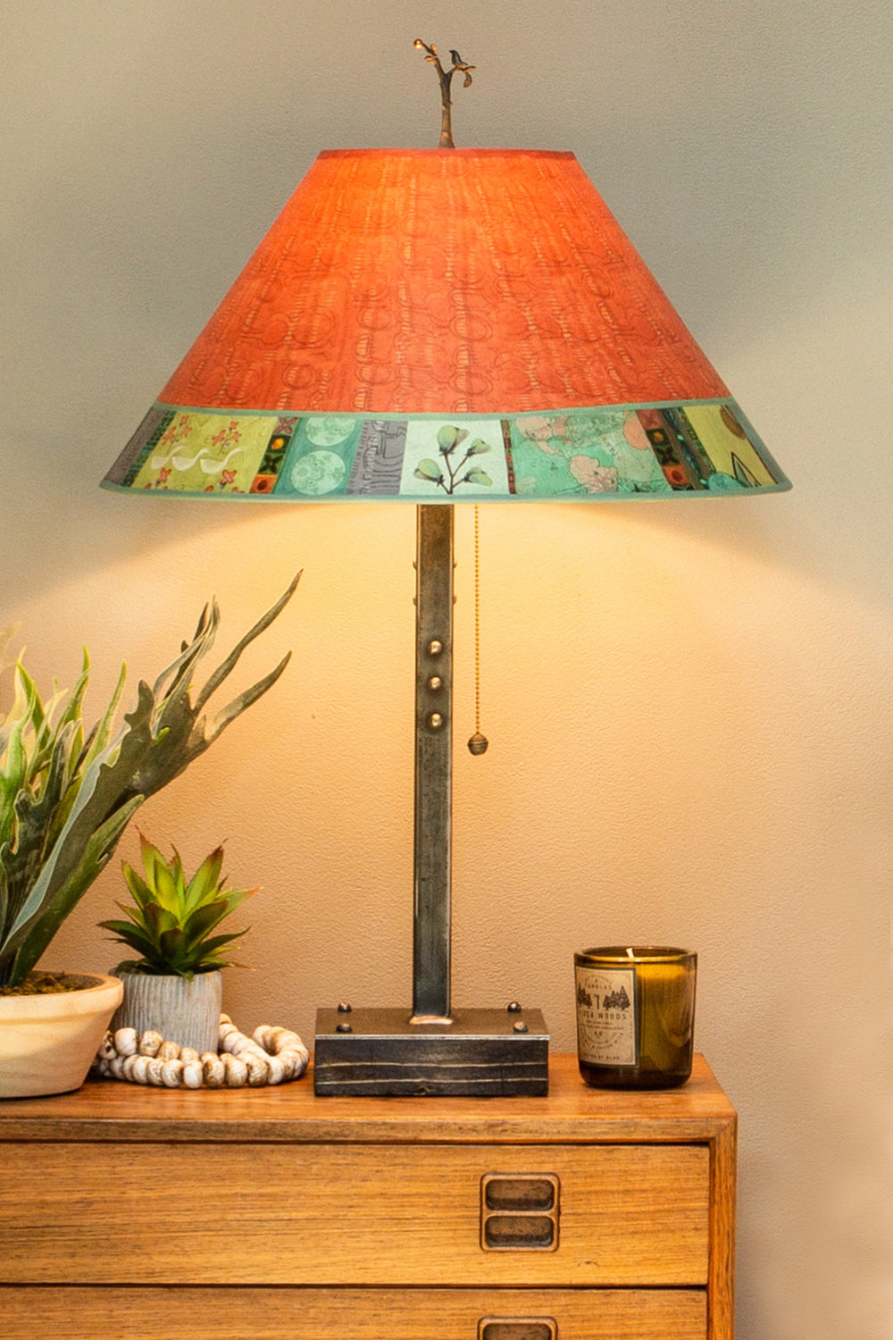 Steel Table Lamp on Wood with Large Conical Melody in Coral