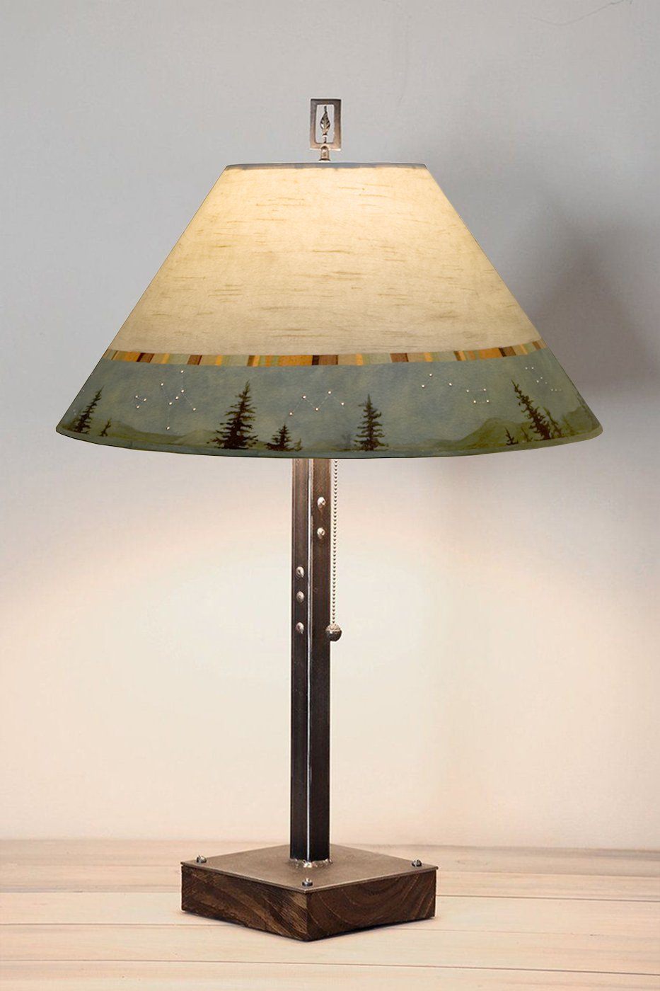 Steel Table Lamp on Wood with Large Conical Shade in Birch Midnight