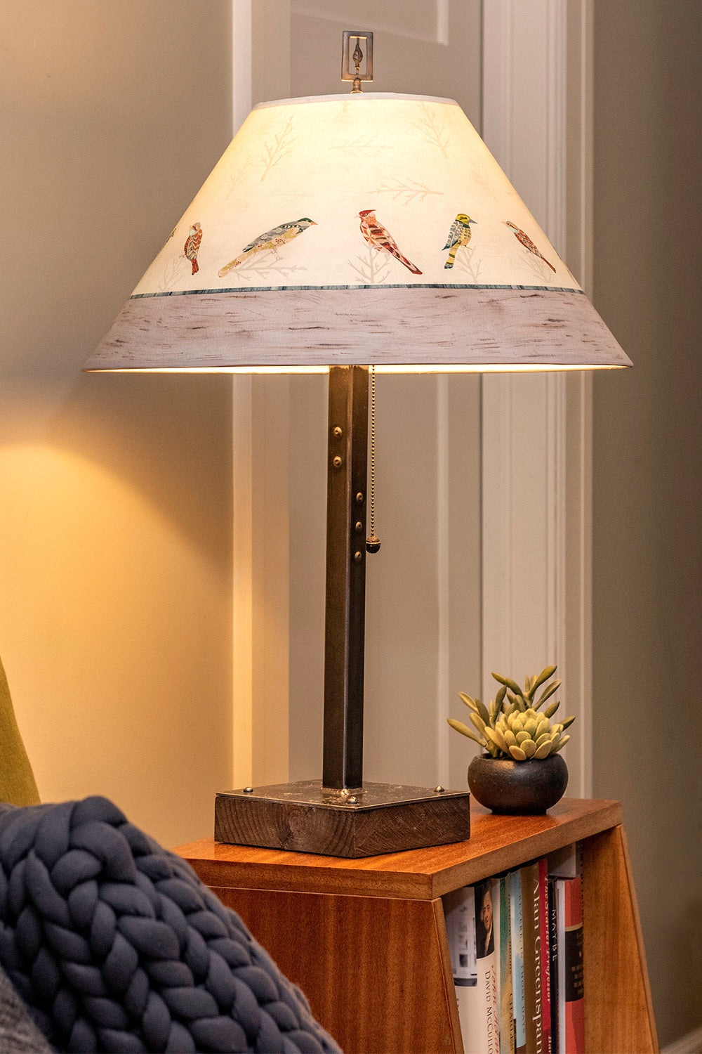 Steel Table Lamp on Wood with Large Conical Shade in Bird Friends