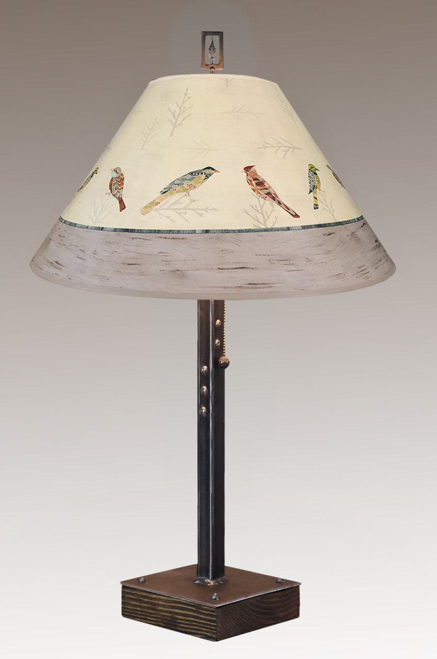Janna Ugone & Co Table Lamps Steel Table Lamp on Wood with Large Conical Shade in Bird Friends