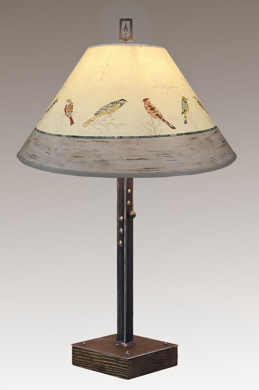 Janna Ugone &amp; Co Table Lamps Steel Table Lamp on Wood with Large Conical Shade in Bird Friends