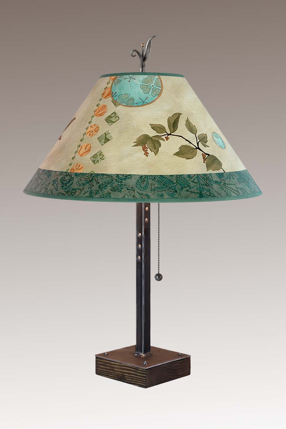 Janna Ugone &amp; Co Table Lamp Steel Table Lamp on Wood with Large Conical Shade in Celestial Leaf