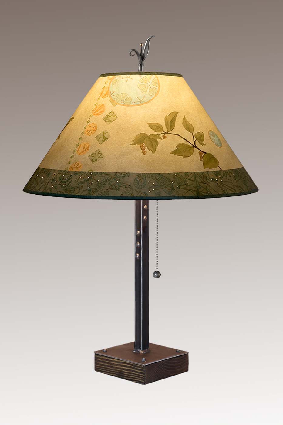 Janna Ugone &amp; Co Table Lamp Steel Table Lamp on Wood with Large Conical Shade in Celestial Leaf