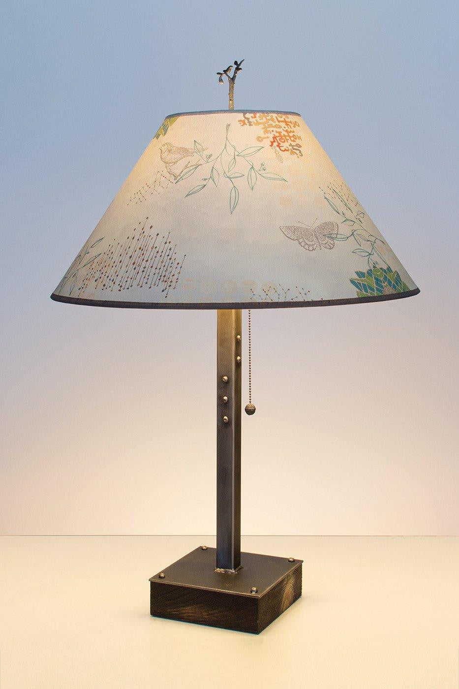 Steel Table Lamp on Wood with Large Conical Shade in Ecru Journey