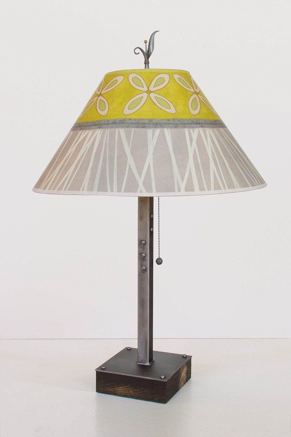 Steel Table Lamp on Wood with Large Conical Shade in Kiwi