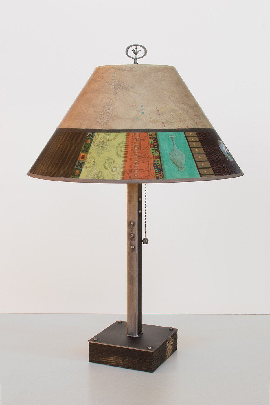 Steel Table Lamp on Wood with Large Conical Shade in Linen Match