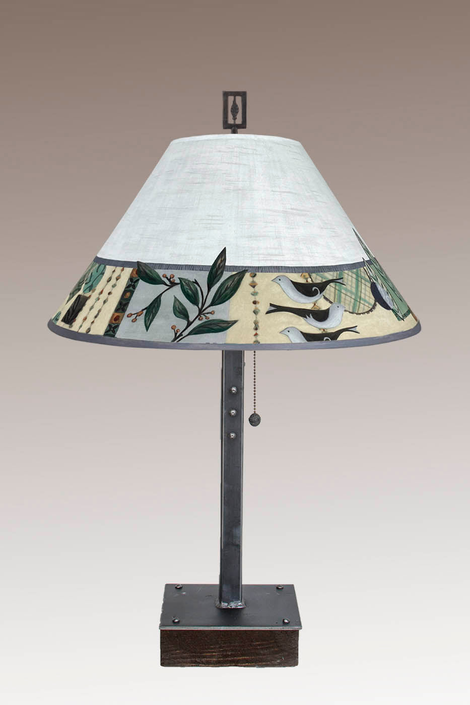 Janna Ugone &amp; Co Table Lamp Steel Table Lamp on Wood with Large Conical Shade in New Capri Opal