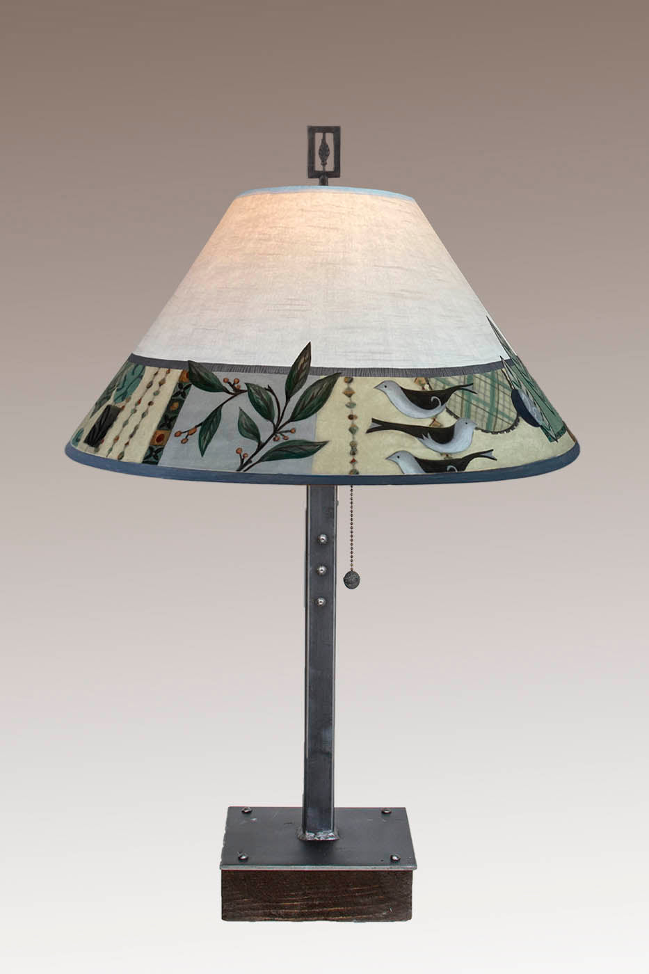 Janna Ugone &amp; Co Table Lamp Steel Table Lamp on Wood with Large Conical Shade in New Capri Opal