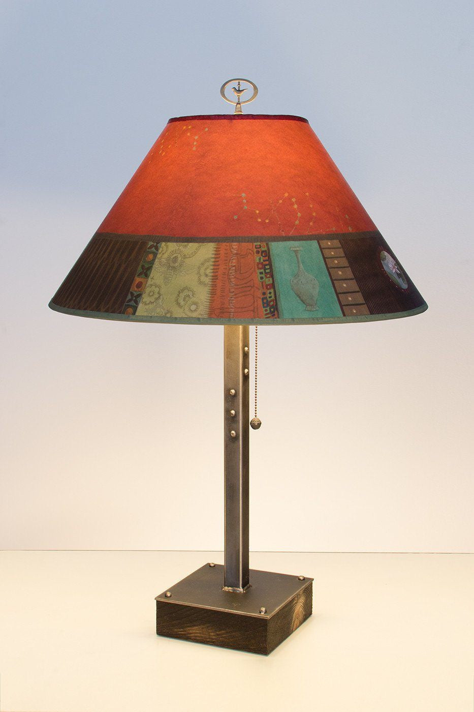 Steel Table Lamp on Wood with Large Conical Shade in Red Match
