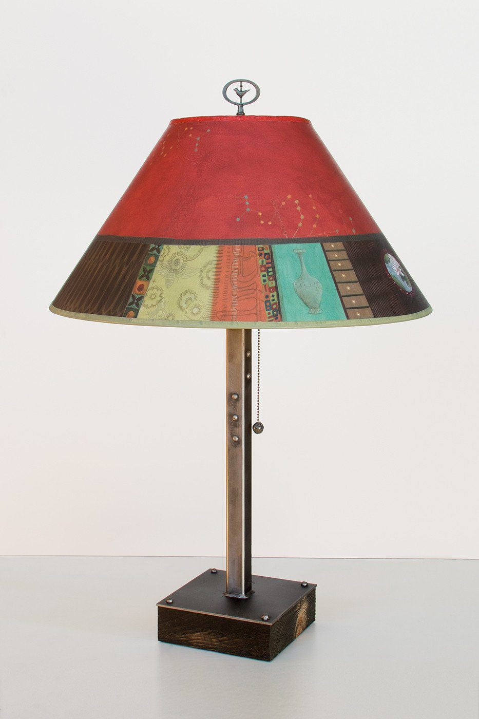 Steel Table Lamp on Wood with Large Conical Shade in Red Match
