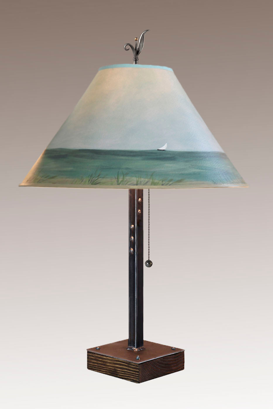 Janna Ugone &amp; Co Table Lamps Steel Table Lamp on Wood with Large Conical Shade in Shore