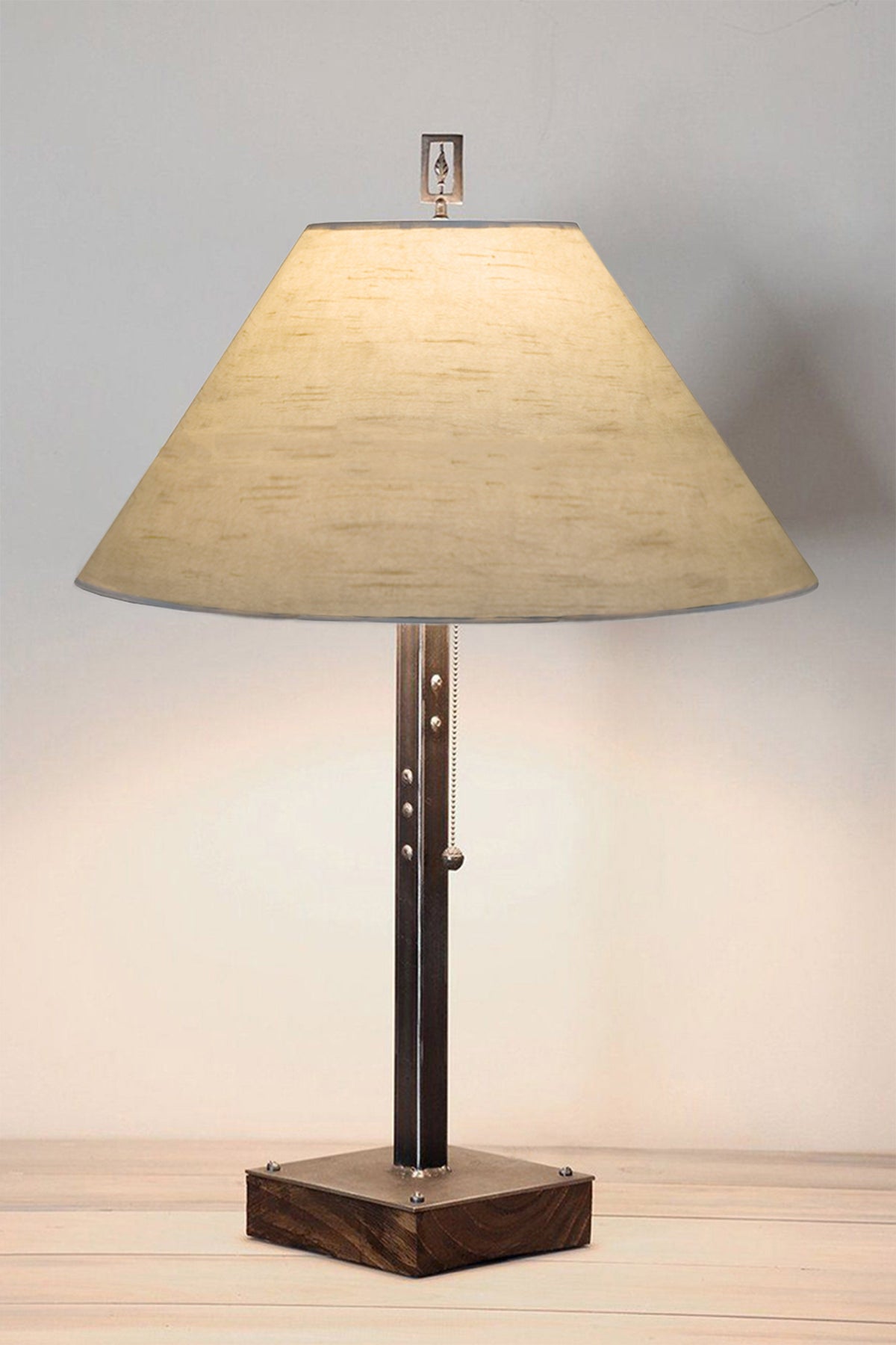 Steel Table Lamp on Wood with Large Conical Shade in Simply Birch