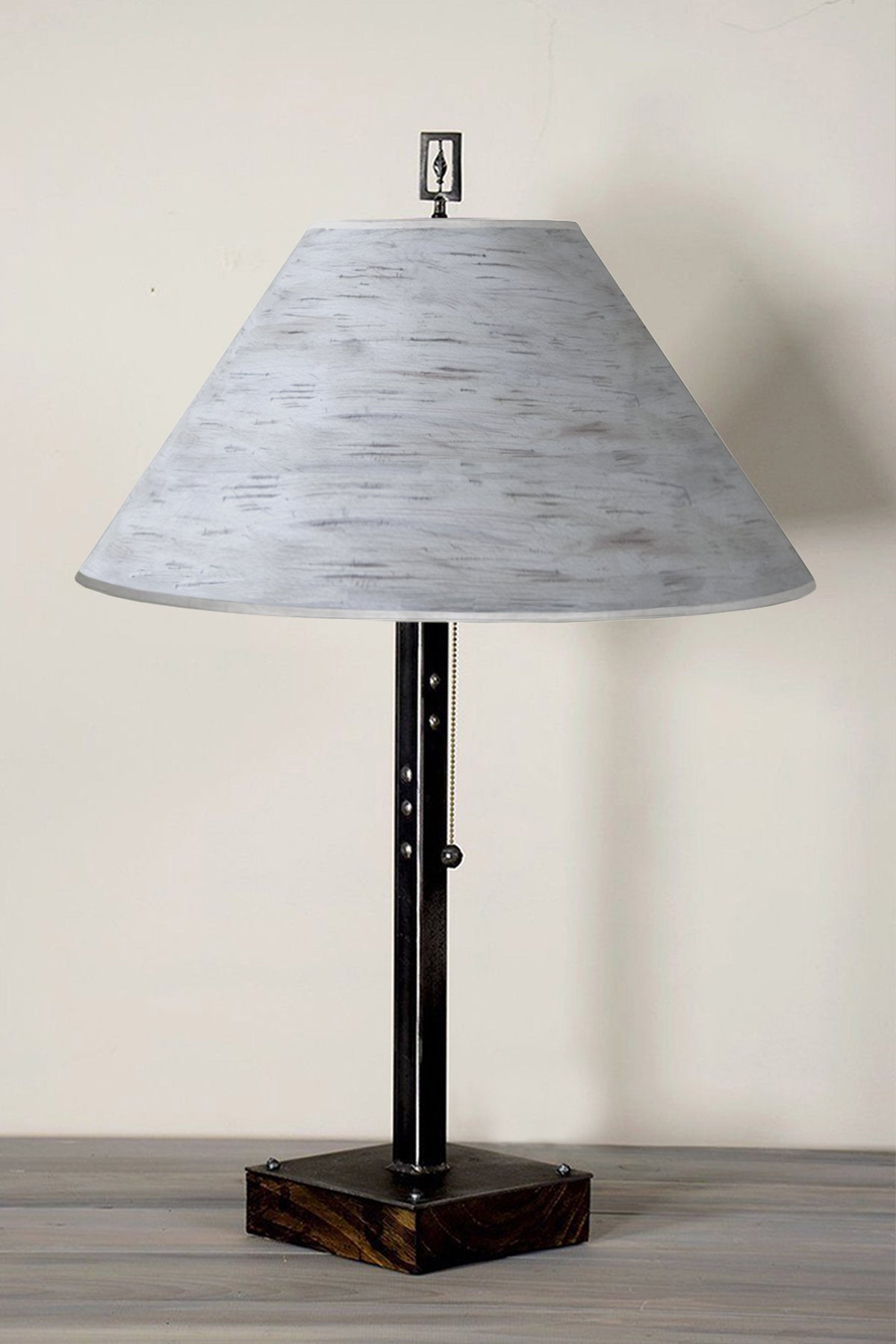 Janna Ugone &amp; Co Table Lamps Steel Table Lamp on Wood with Large Conical Shade in Simply Birch