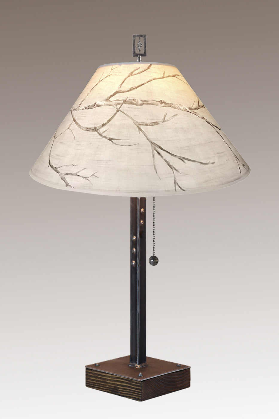 Steel Table Lamp on Wood with Large Conical Shade in Sweeping Branch