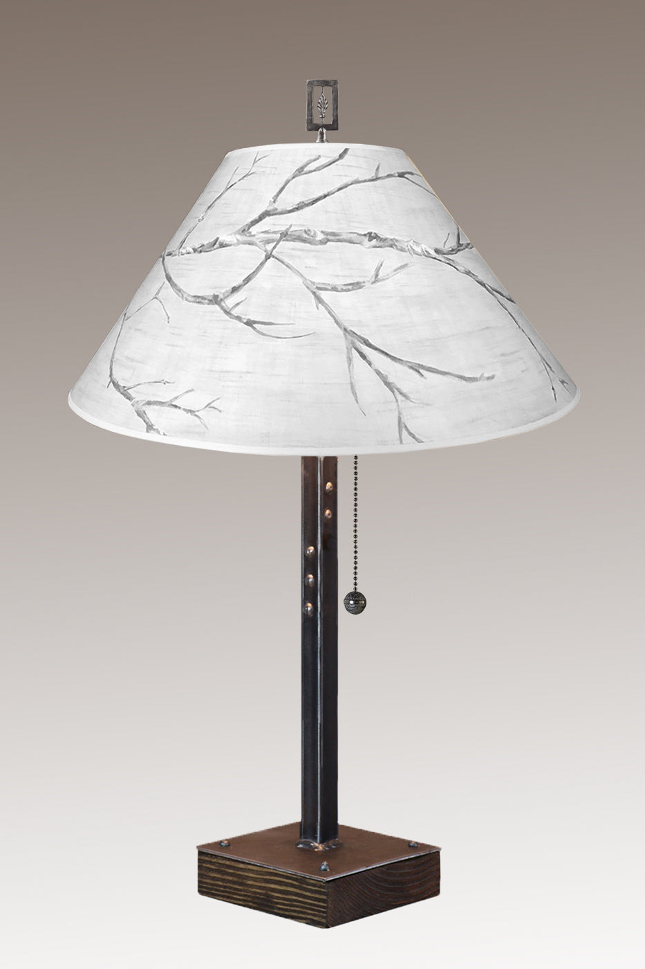 Janna Ugone &amp; Co Table Lamps Steel Table Lamp on Wood with Large Conical Shade in Sweeping Branch