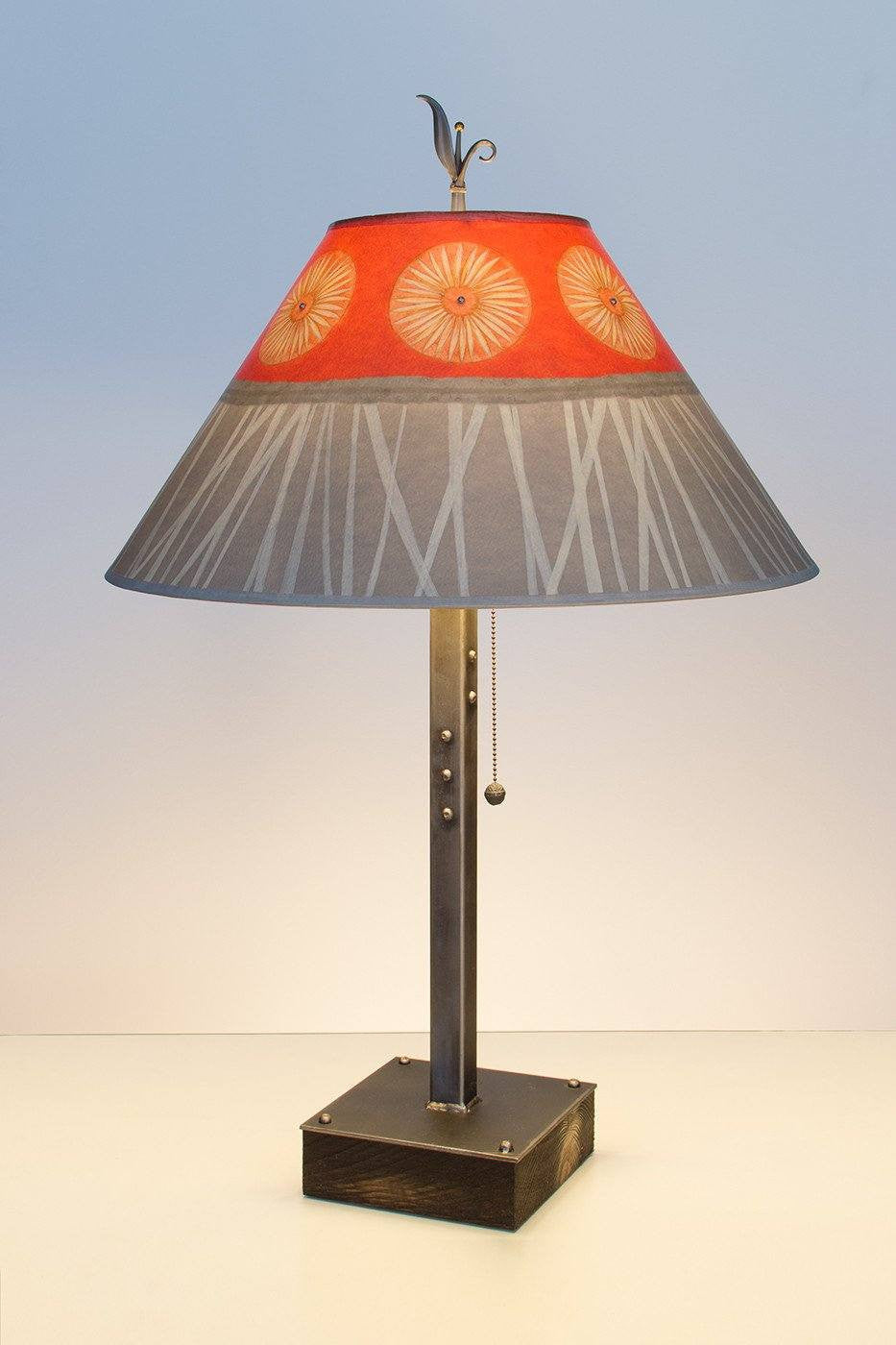 Janna Ugone & Co Table Lamps Steel Table Lamp on Wood with Large Conical Shade in Tang