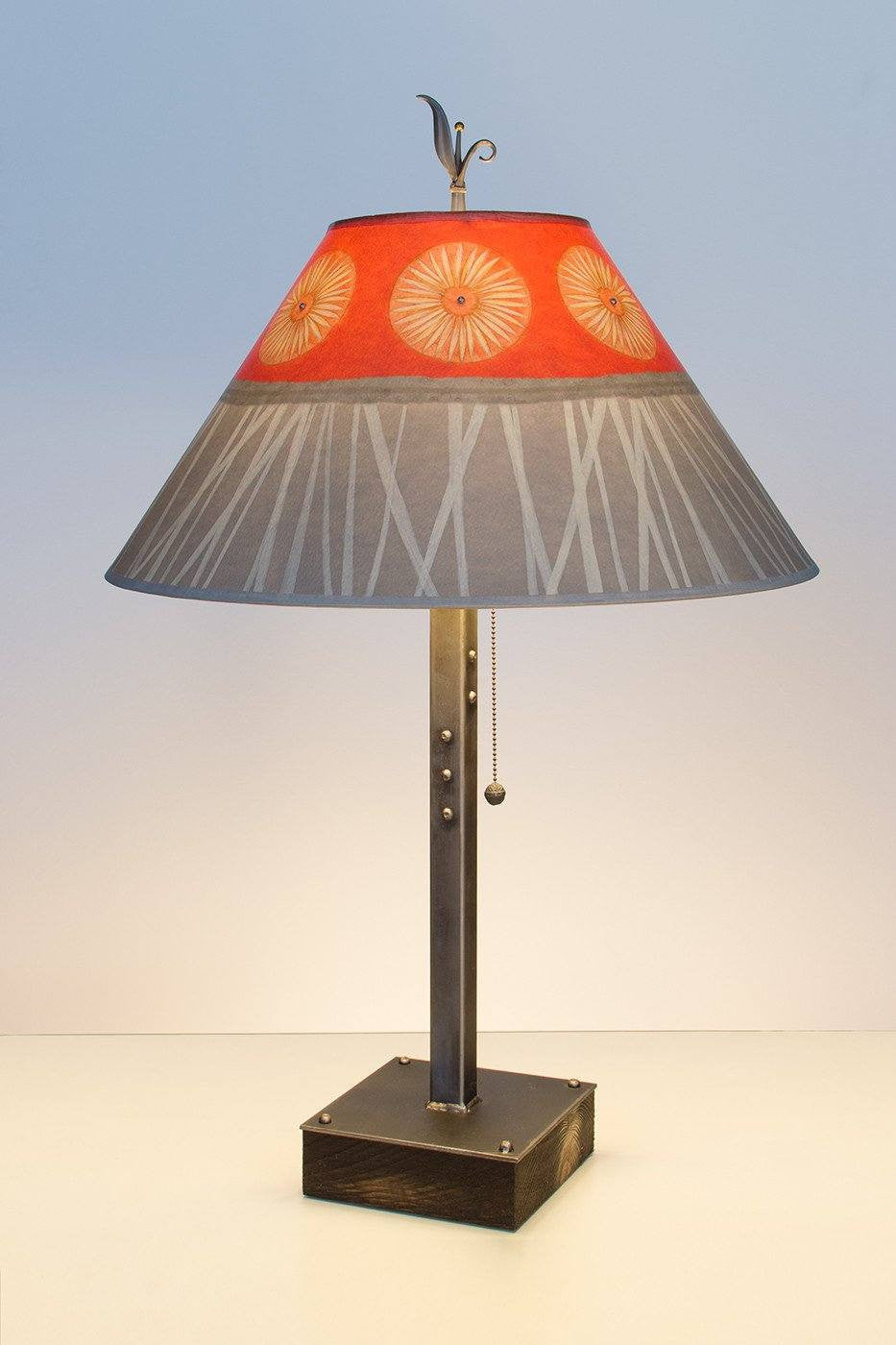 Steel Table Lamp on Wood with Large Conical Shade in Tang