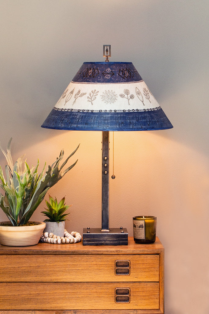 Janna Ugone &amp; Co Table Lamps Steel Table Lamp on Wood with Large Conical Shade in Woven &amp; Sprig in Sapphire