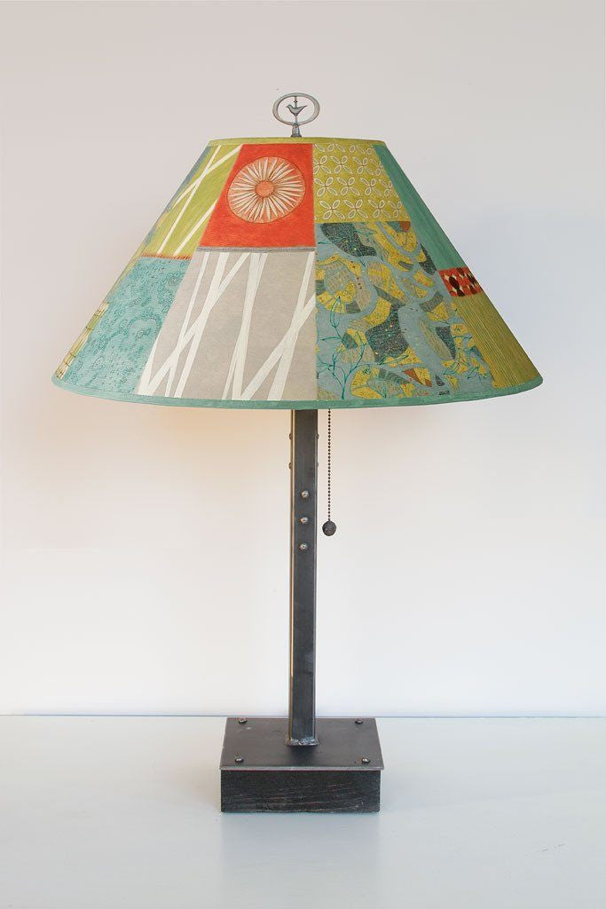 Steel Table Lamp on Wood with Large Conical Shade in Zest