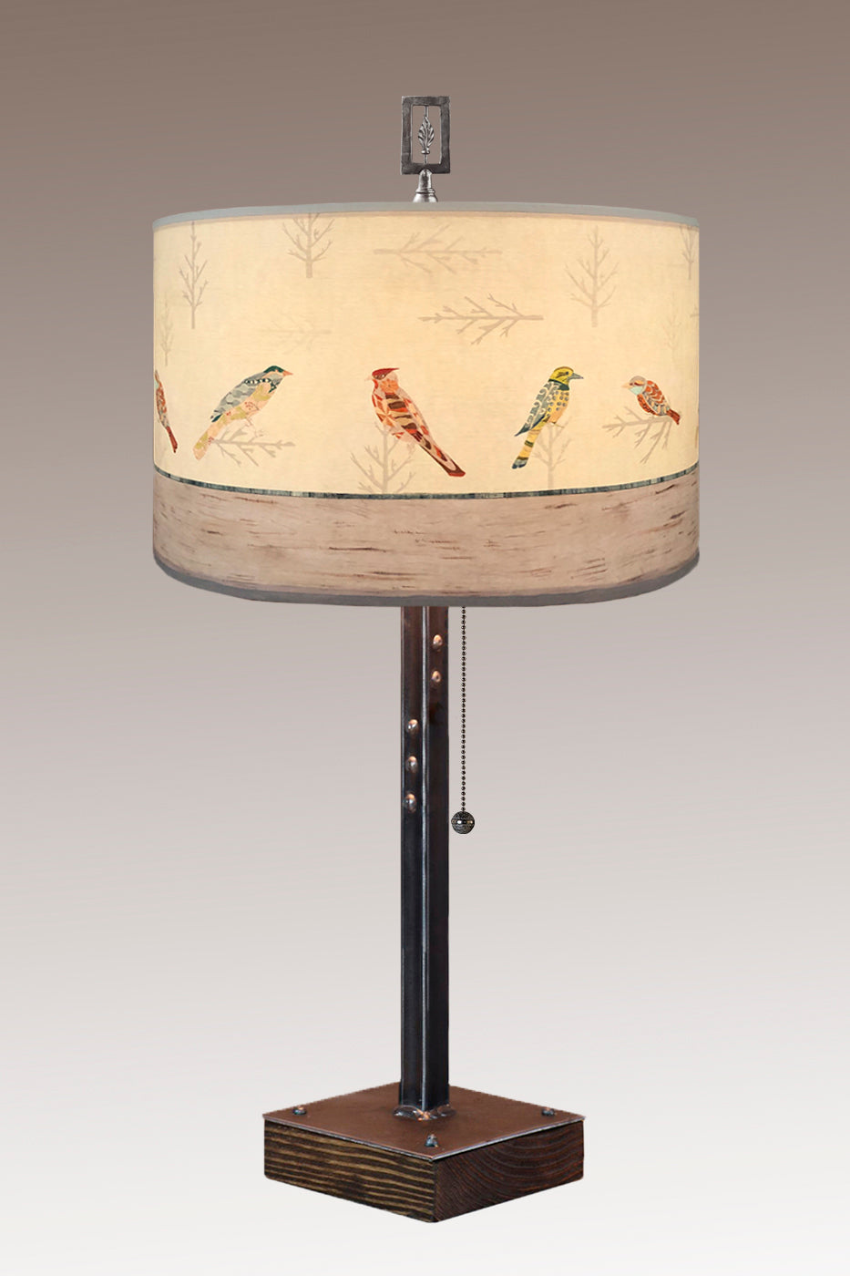 Janna Ugone &amp; Co Table Lamps Steel Table Lamp on Wood with Large Drum Shade in Bird Friends