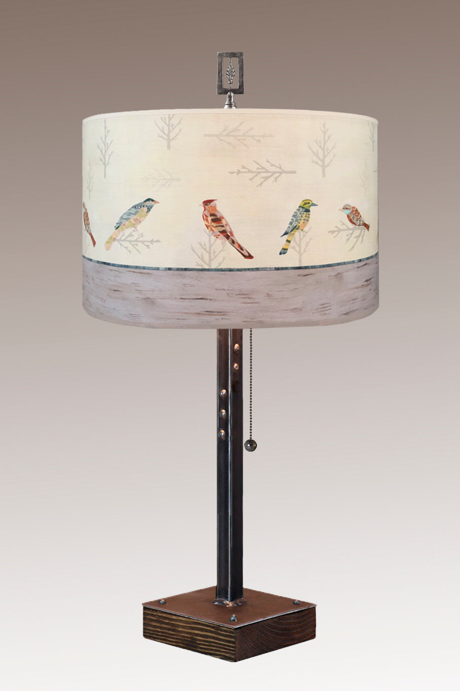 Janna Ugone & Co Table Lamps Steel Table Lamp on Wood with Large Drum Shade in Bird Friends