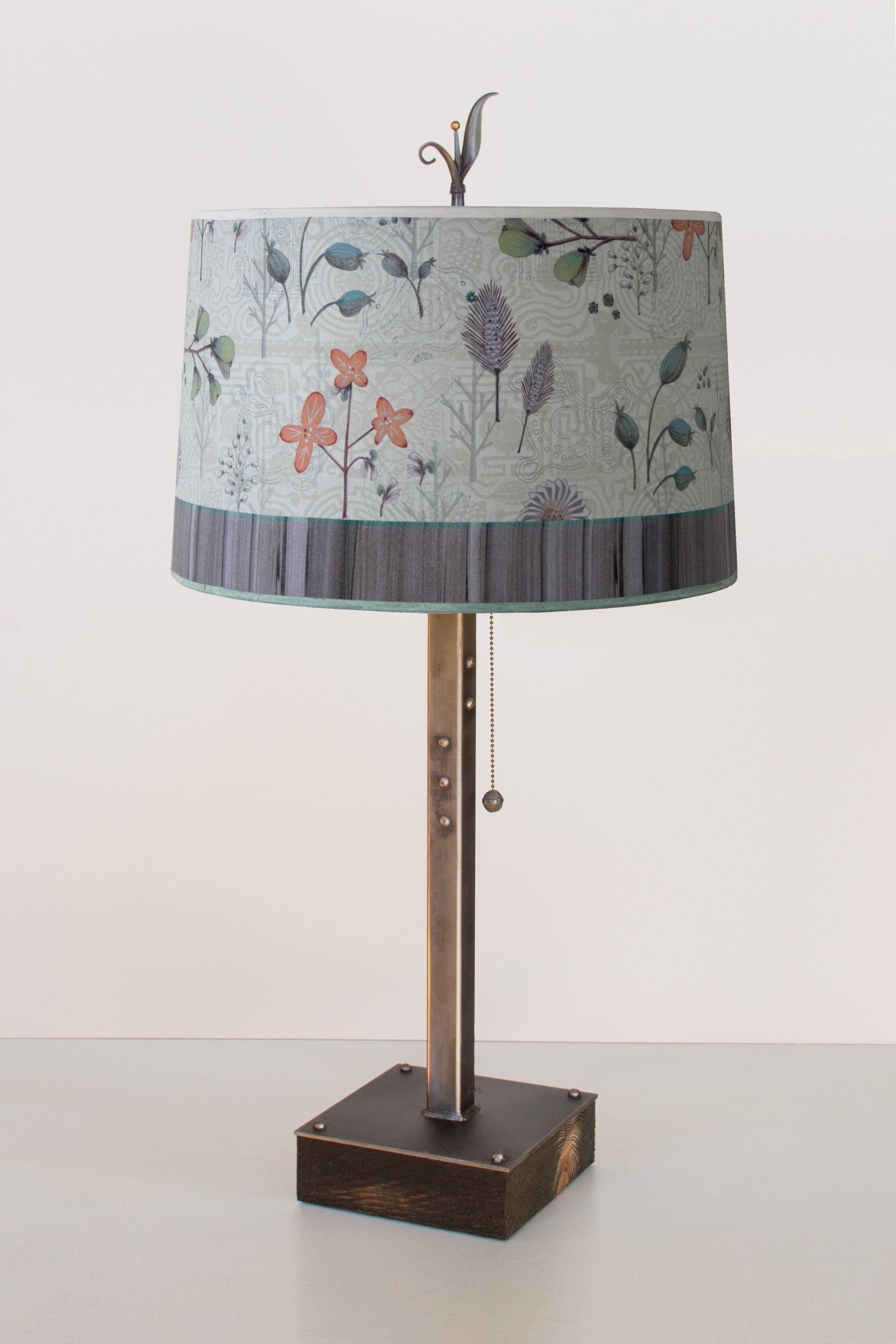 Steel Table Lamp on Wood with Large Drum Shade in Flora and Maze