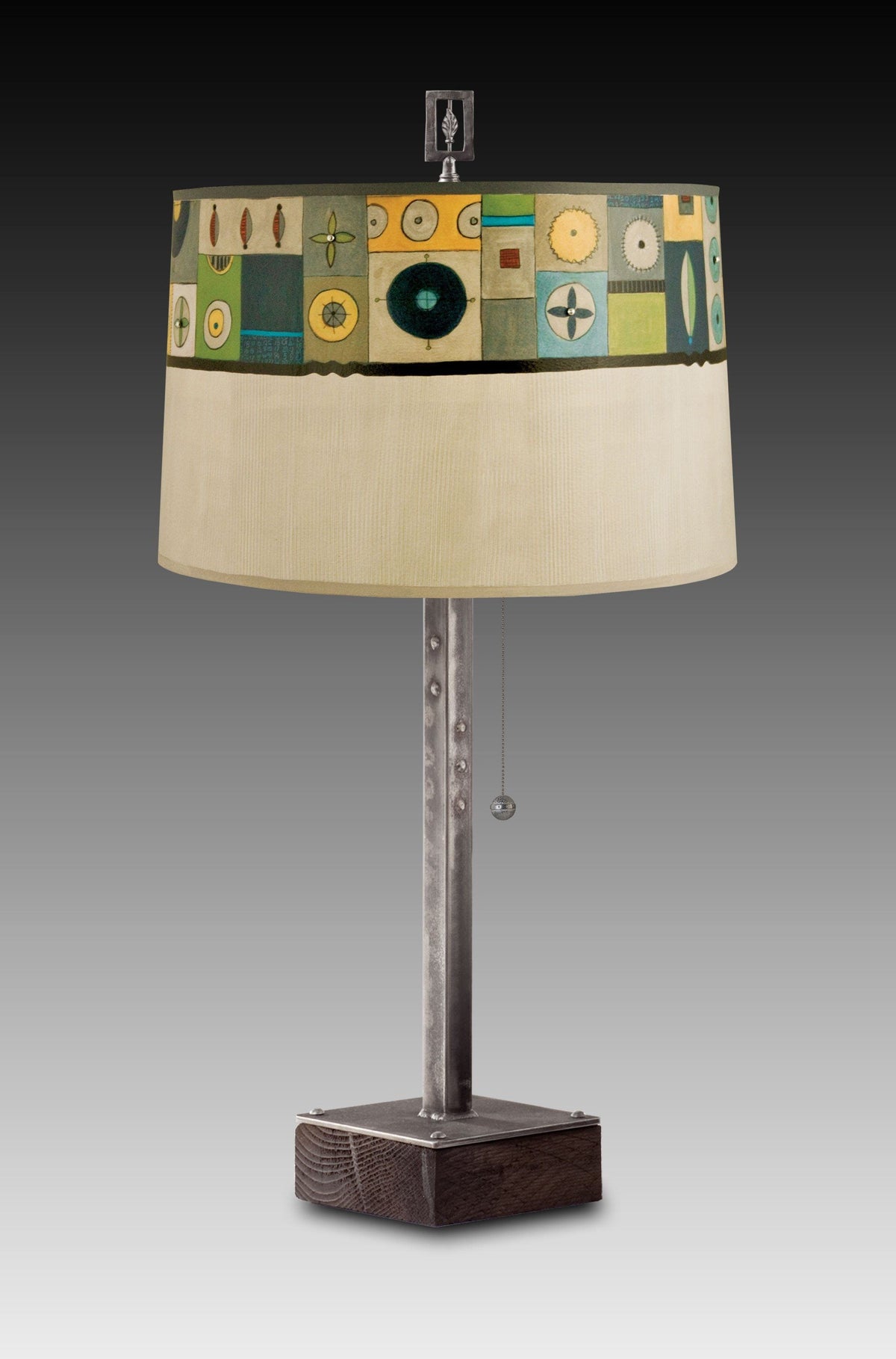 Steel Table Lamp on Wood with Large Drum Shade in Lucky Mosaic Oyster