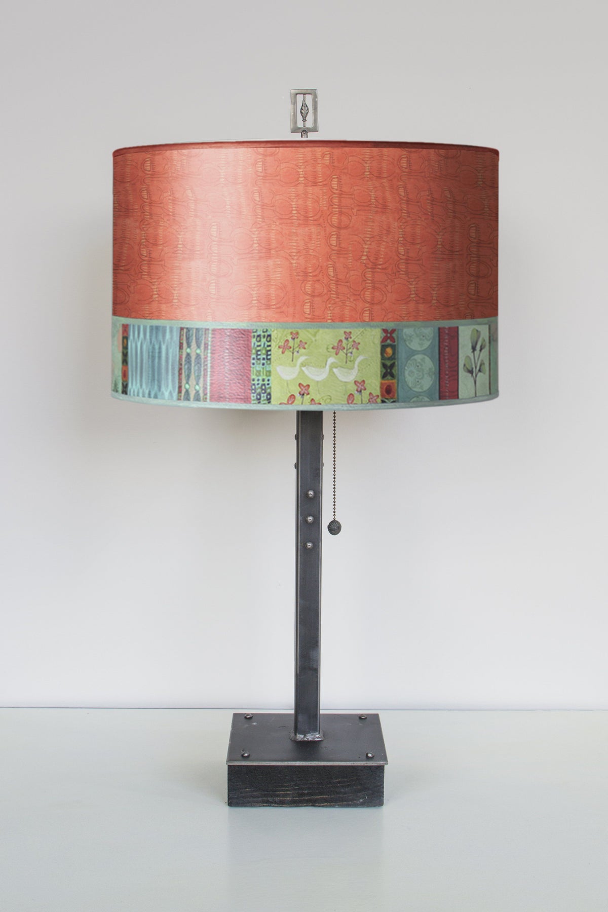 Janna Ugone &amp; Co Table Lamps Steel Table Lamp on Wood with Large Drum Shade in Melody in Coral