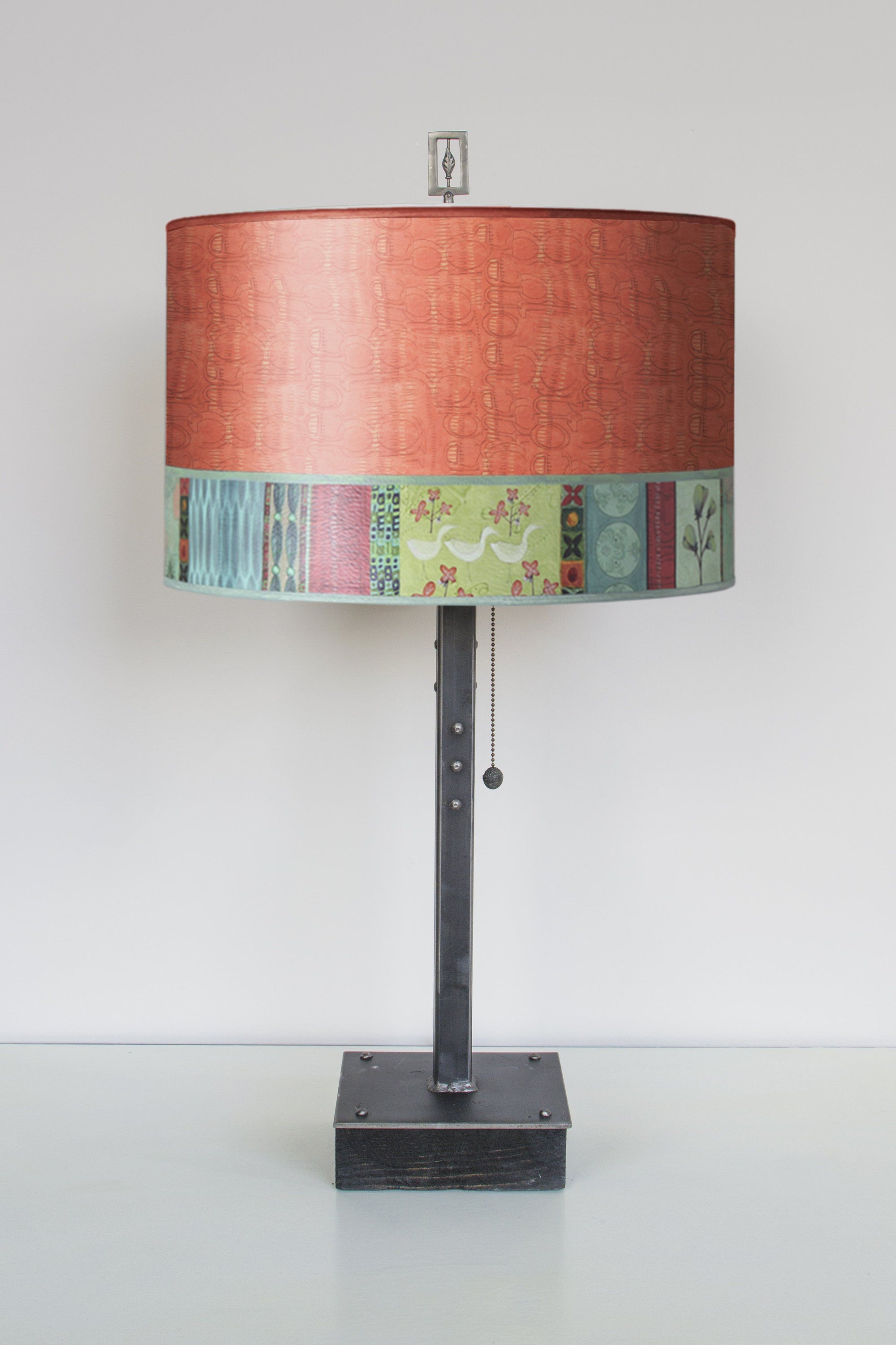 Janna Ugone & Co Table Lamps Steel Table Lamp on Wood with Large Drum Shade in Melody in Coral