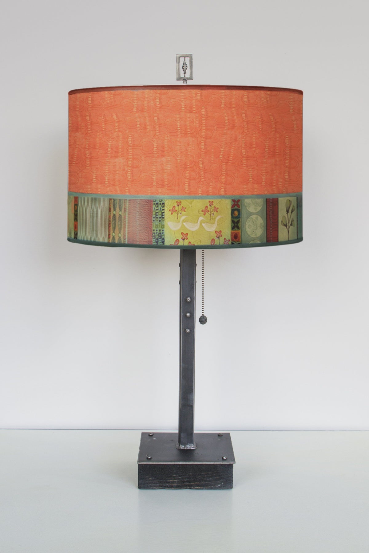 Janna Ugone &amp; Co Table Lamps Steel Table Lamp on Wood with Large Drum Shade in Melody in Coral