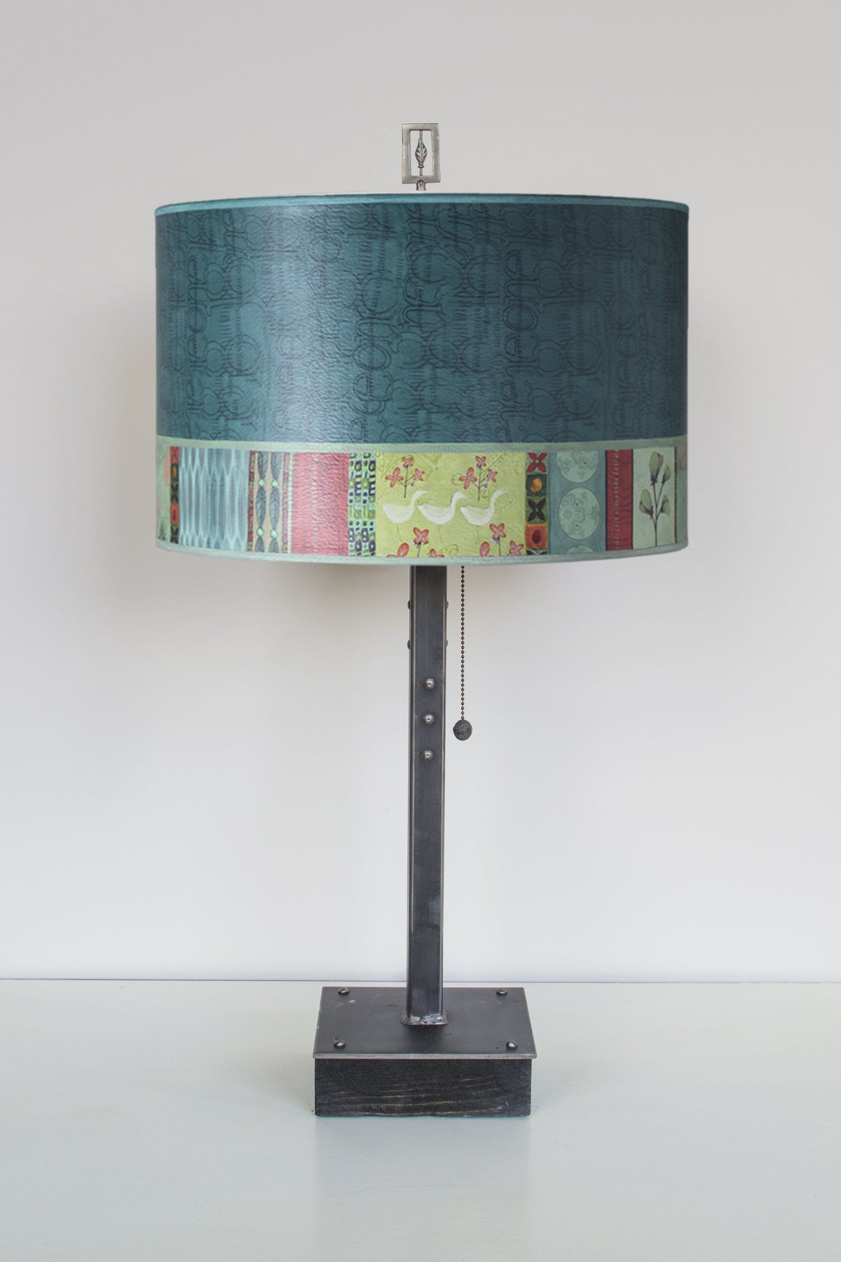 Janna Ugone &amp; Co Table Lamps Steel Table Lamp on Wood with Large Drum Shade in Melody in Jade
