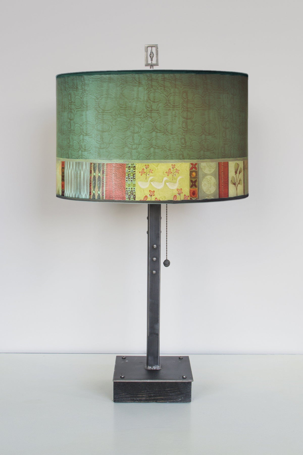 Janna Ugone &amp; Co Table Lamps Steel Table Lamp on Wood with Large Drum Shade in Melody in Jade