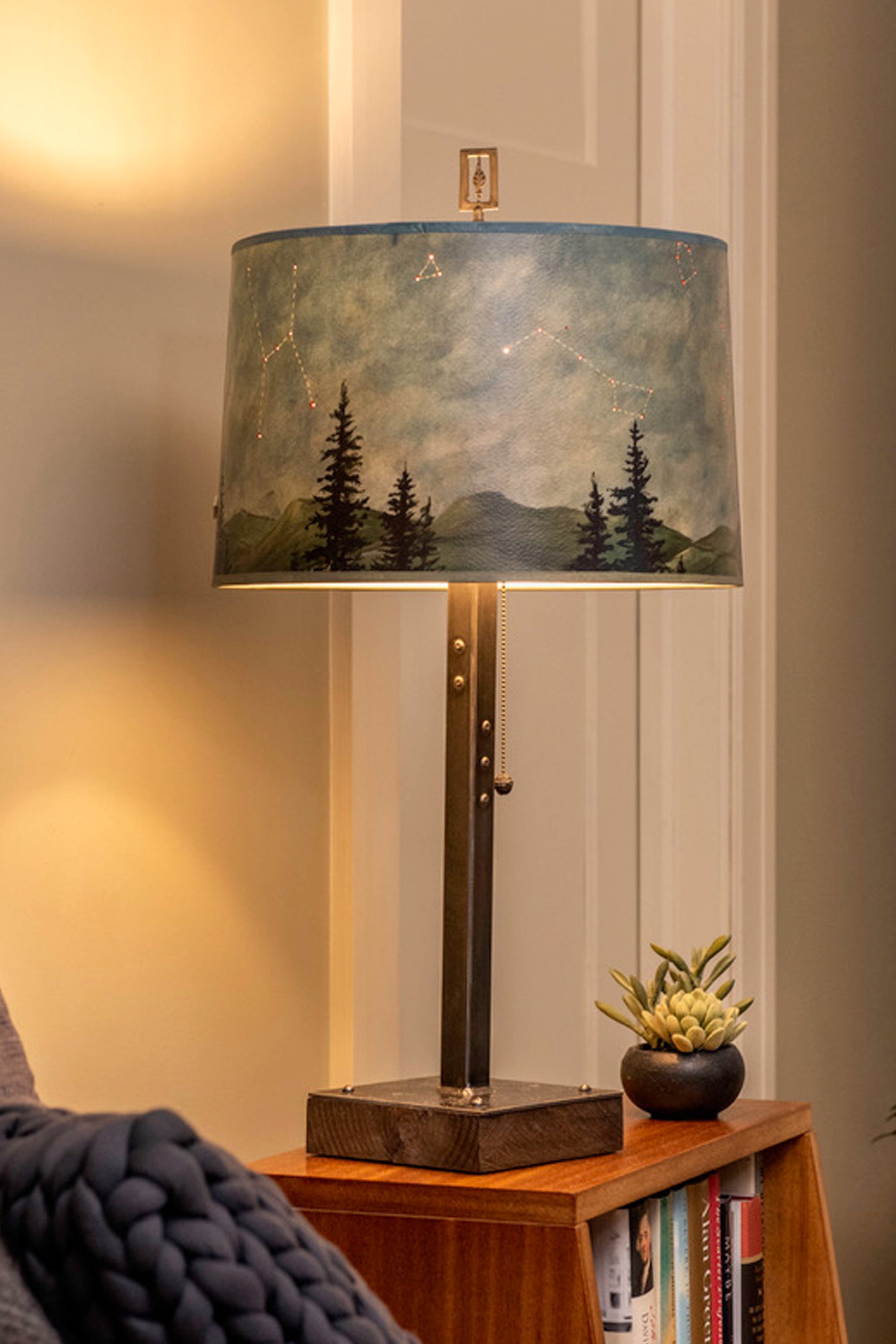 Janna Ugone & Co Table Lamps Steel Table Lamp on Wood with Large Drum Shade in Midnight Sky