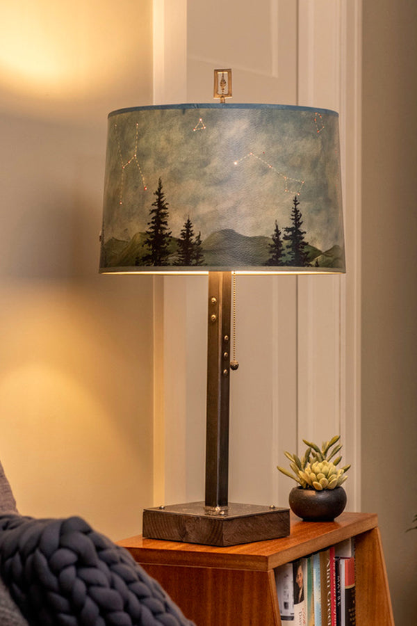 Steel Table Lamp on Wood with Large Drum Shade in Midnight Sky - Janna ...