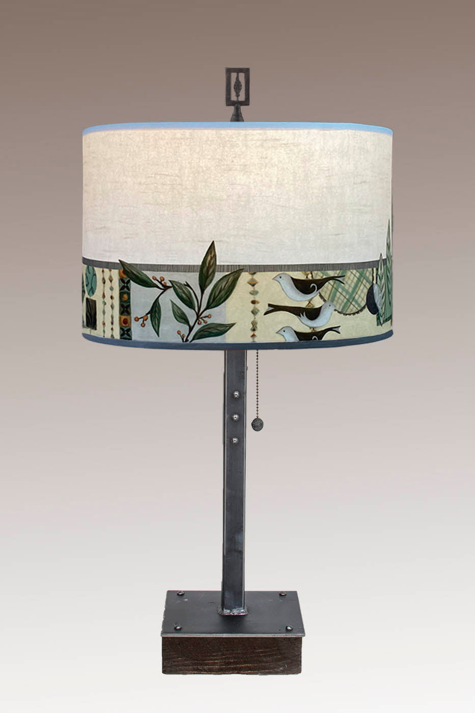 Janna Ugone &amp; Co Table Lamp Steel Table Lamp on Wood with Large Drum Shade in New Capri Opal