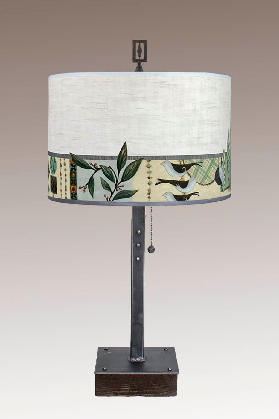 Janna Ugone &amp; Co Table Lamp Steel Table Lamp on Wood with Large Drum Shade in New Capri Opal