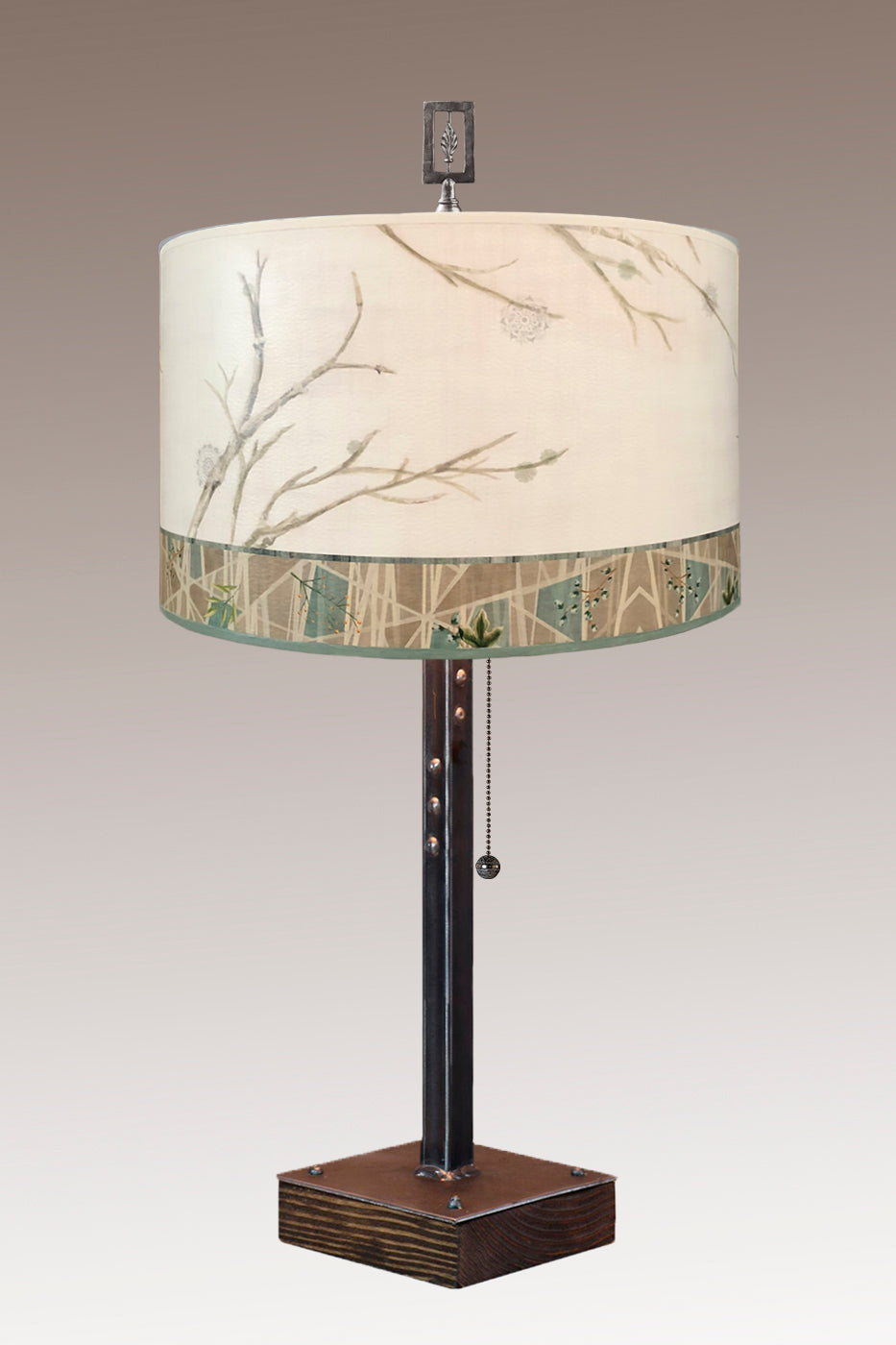 Janna Ugone &amp; Co Table Lamps Steel Table Lamp on Wood with Large Drum Shade in Prism Branch
