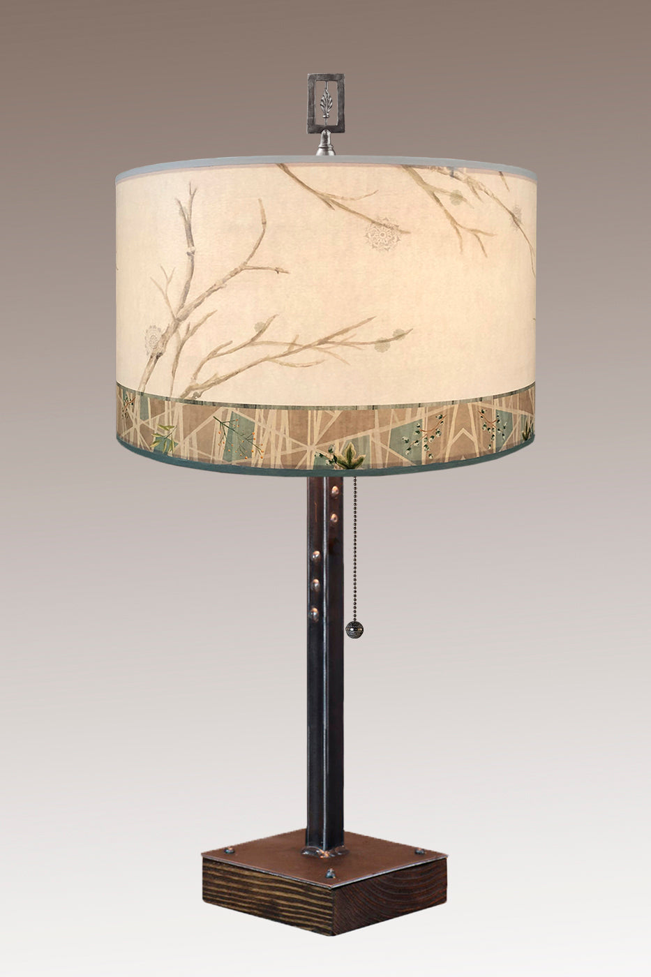 Steel Table Lamp on Wood with Large Drum Shade in Prism Branch