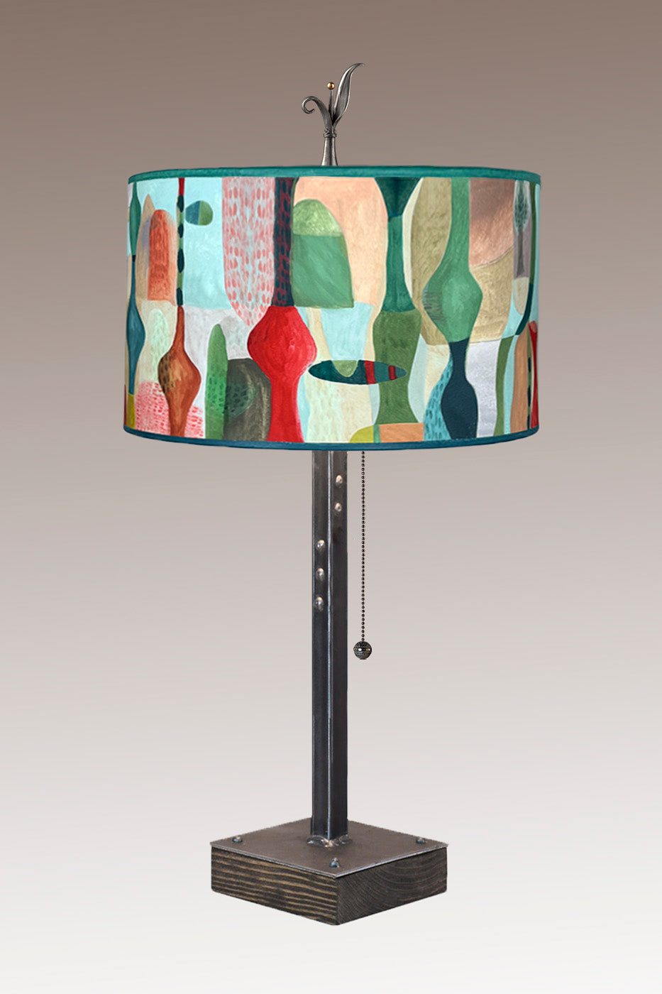 Janna Ugone & Co Table Lamp Steel Table Lamp on Wood with Large Drum Shade in Riviera in Poppy